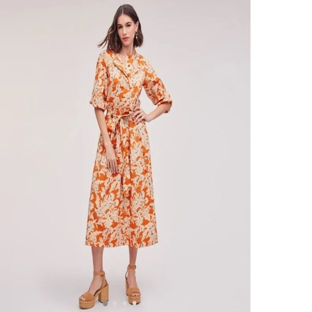 Sam Edelman Women’s Ronan Floral Midi Apricot Orange Belted Dress Size X-Large